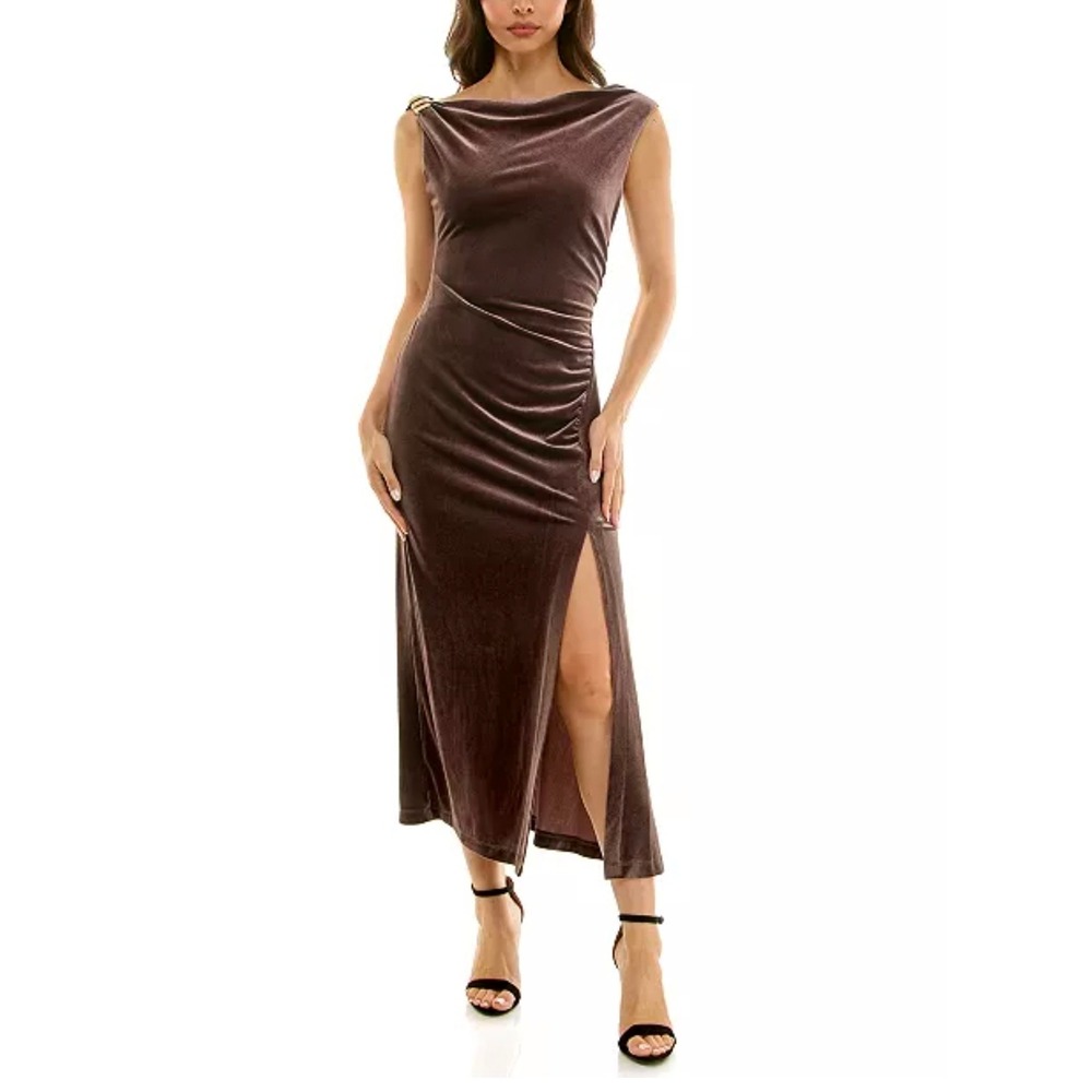 Taylor Brown Velvet Boat Neck Ruched Midi Dress Gold Hardware Size 6 Slit V-Back